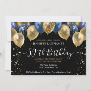Invitation bleue et or pour fête d'anniversaire 50