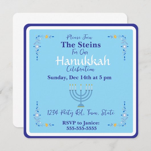 Invitation bleue Hanoukka Menorah (Devant / Derrière)