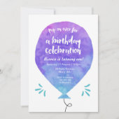 Invitation bleue pourpre d'anniversaire de ballon (Devant)