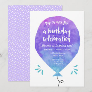 Invitation bleue pourpre d'anniversaire de ballon