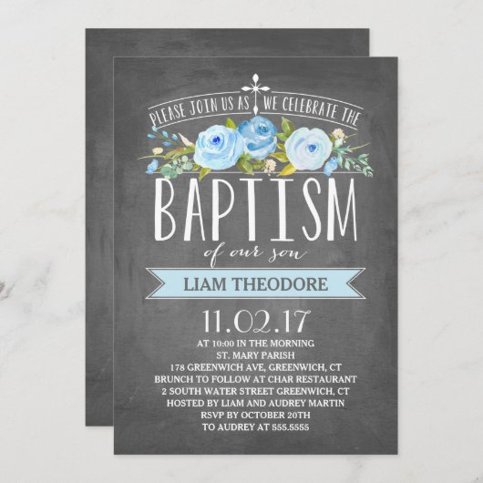 Invitation bleue rose de baptême du tableau | de (Devant / Derrière)