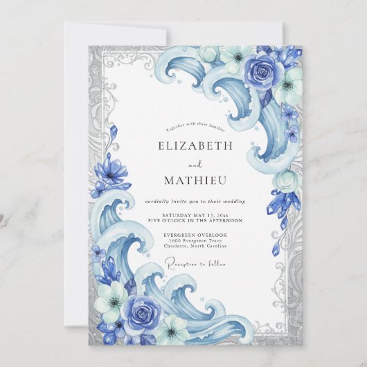 Invitation Bleuet Vague Côtière Eucalyptus Mariage (Devant)
