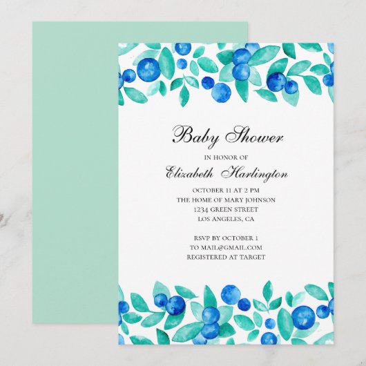 Invitation Bleuets de jardin. Baby shower bleu et menthe (Devant / Derrière)