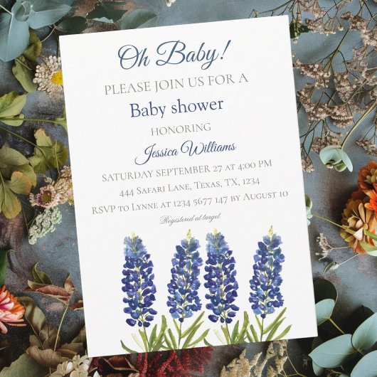 Invitation Bleus Bleuets Aquarelle Fleur Texas Bébé garçon
