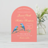Invitation Bleus de corail doux et Mariage de script doré (Debout devant)