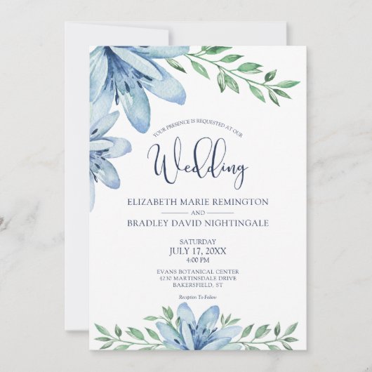 Invitation Bleus fleuris et Mariage de verdure (Devant)