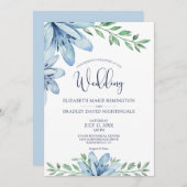 Invitation Bleus fleuris et Mariage de verdure (Devant / Derrière)