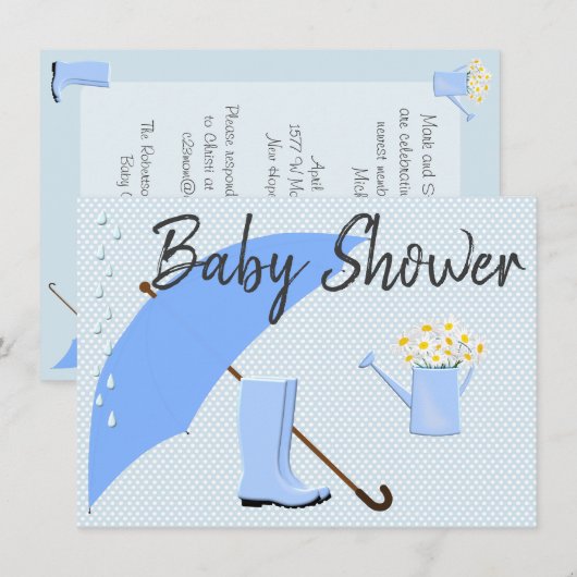 Invitation Bleus parapluie de garçon de baby shower et bottes (Devant / Derrière)
