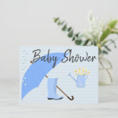 Invitation Bleus parapluie de garçon de baby shower et bottes (Debout devant)