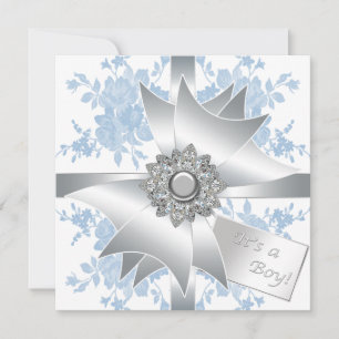 Invitation Bleus Roses Élégant Nœud Cadeau Fête Bébé Garçon