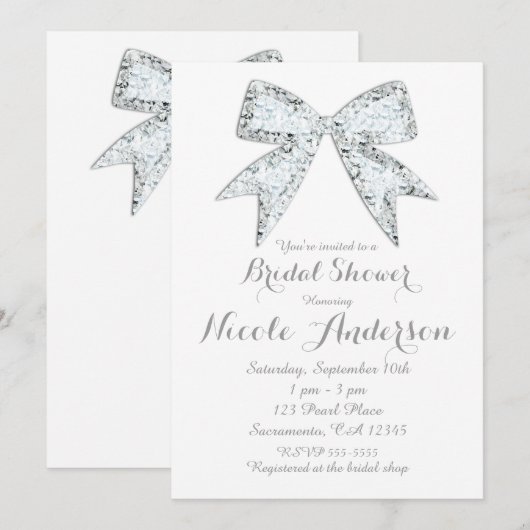 Invitation Bling Bow Mariage Glamour Diamant Blanc (Devant / Derrière)
