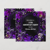 Invitation Bling Crânes Roses Noires Violet Gothiq (Devant / Derrière)