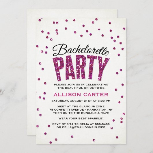 Invitation Bling Hot rose Parties scintillant Gems Bacheloret (Devant / Derrière)