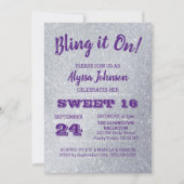 Invitation Bling it On Silver Sparkles Purple Sweet 16 (Devant)