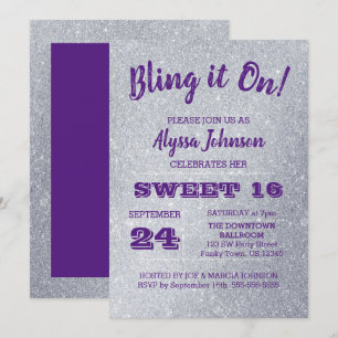 Invitation Bling it On Silver Sparkles Purple Sweet 16