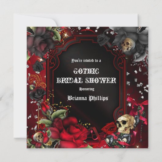 Invitation Bling Roses Noires Rouges Gothique Crân (Devant)