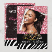 Invitation Bling Tiara Zebra Sweet 16 Anniversaire (Devant / Derrière)
