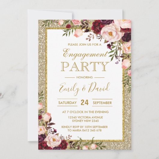 Invitation Bling Watercolor Burgundy Blush Rose Fiançailles (Devant)