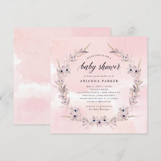 Invitation Bliss aquarelle | Baby shower floral rose pâle (Devant / Derrière)
