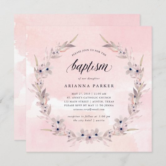 Invitation Bliss aquarelle | Baptême floral rose (Devant / Derrière)