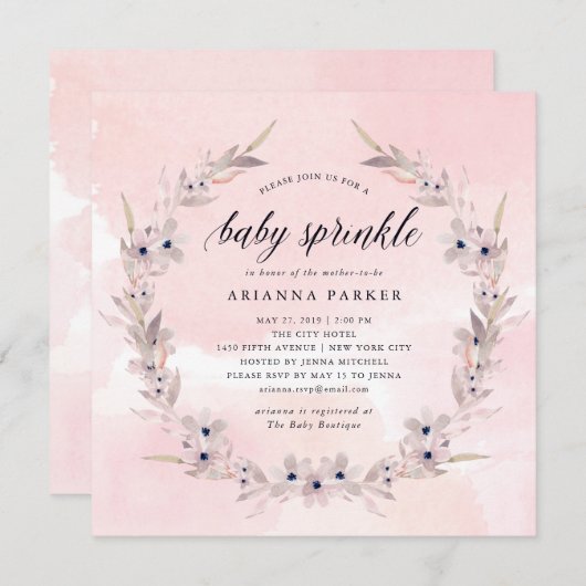 Invitation Bliss aquarelle | Saupoudrer de bébé rose pâle (Devant / Derrière)