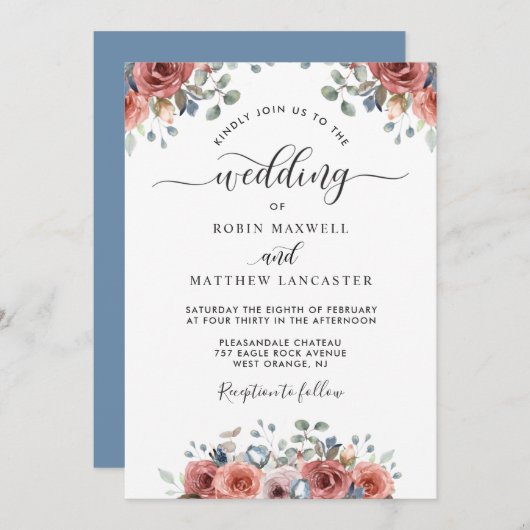 Invitation Blissant Floral Dusty Bleu et Blush Mariage (Devant / Derrière)