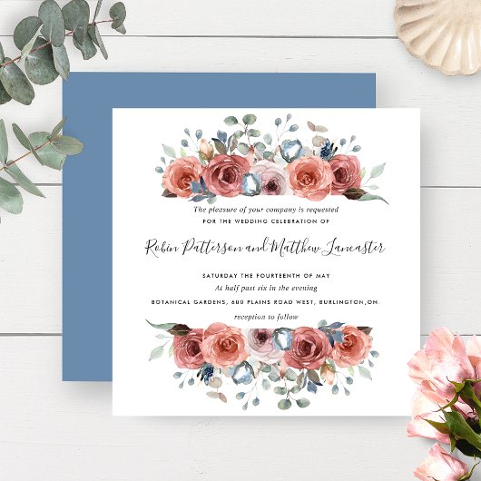 Invitation Blissant Floral Dusty Bleu et Blush Mariage