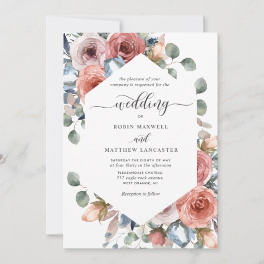 Invitation Blissant Floral Dusty Bleu et Blush Mariage (Devant)