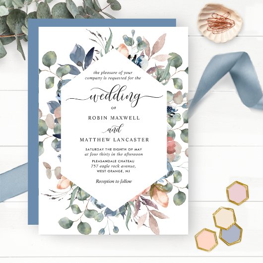 Invitation Blissant Floral Dusty Bleu et Mariage de verdure