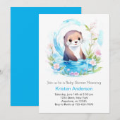Invitation Blissant Otter Blue Floral Boy Baby shower (Devant / Derrière)
