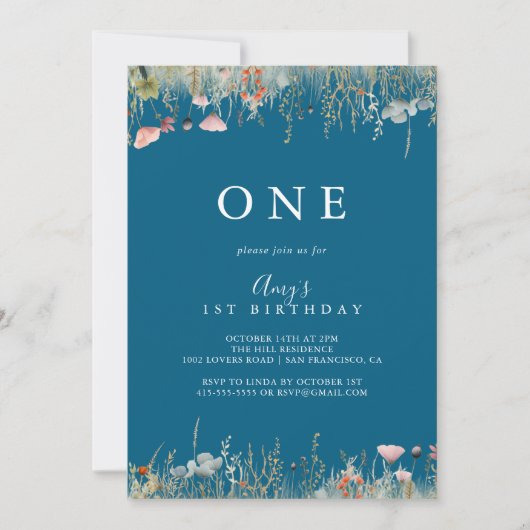 Invitation Blisser Boho de la marine Fleur sauvage fête d'ann (Devant)