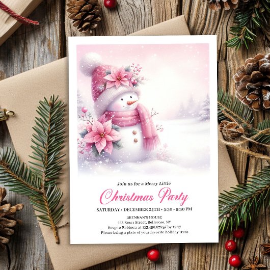 Invitation Blissful Pink Snowman Digital Christmas Invite Kid