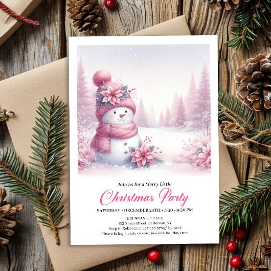 Invitation Blissful Snowy Pink Snowman Editable Kids Christma