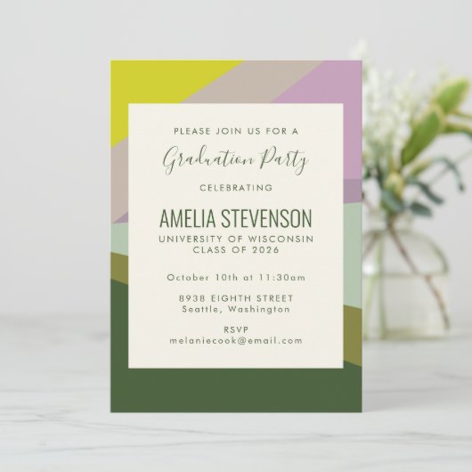 Invitation Bloc de couleur moderne Purple Green Graduation Pa (Debout devant)