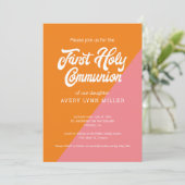 Invitation Bloc de couleur rose orange moderne Première commu (Debout devant)