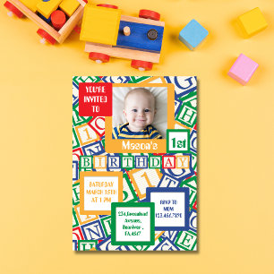 Invitation Blocs Alphabet Colorés Photo Premier Anniversaire