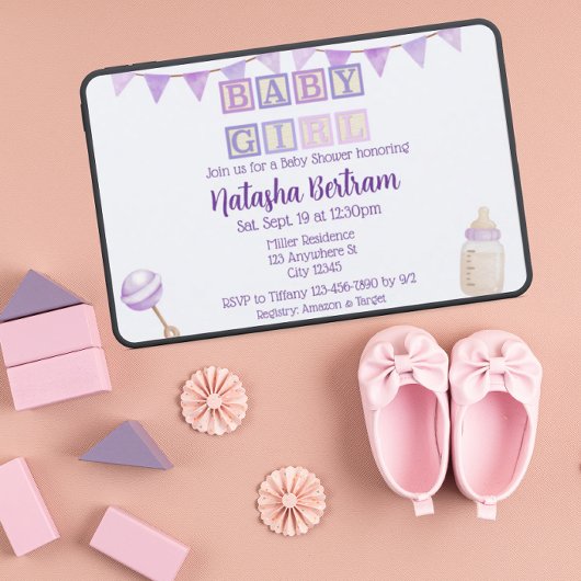 Invitation Blocs Bébé Fille, Douce Fête de Naissance à l'aqua