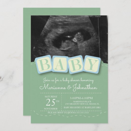 Invitation Blocs de baby shower Boy Plaid Ultrasound Photo In (Devant / Derrière)