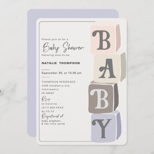 Invitation Blocs de Baby shower de fille violet (Devant / Derrière)