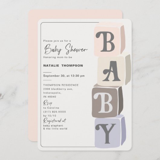 Invitation Blocs de Baby shower fille Blush (Devant / Derrière)