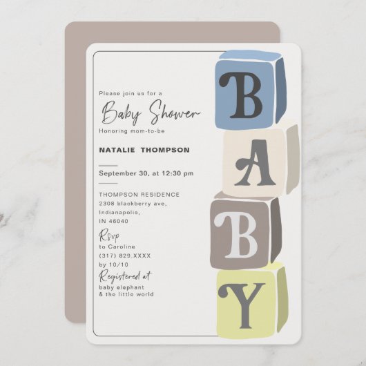 Invitation Blocs de Baby shower garçon (Devant / Derrière)