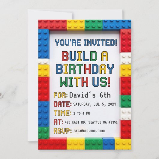 Invitation Blocs de construction Briques Blocs Anniversaire (Devant)