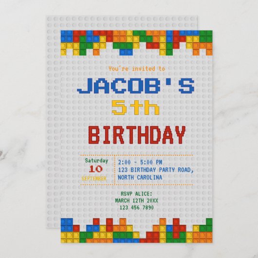 Invitation Blocs de construction fête d'anniversaire (Devant / Derrière)