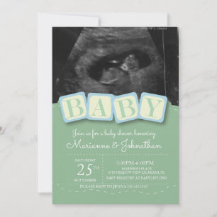Invitation Blocs Fête Bébé Garçon Carreaux Photo Échographie