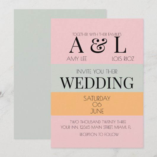 Invitation Blocs Modernes Rose Menthe Clair et Mariage Audaci (Devant / Derrière)