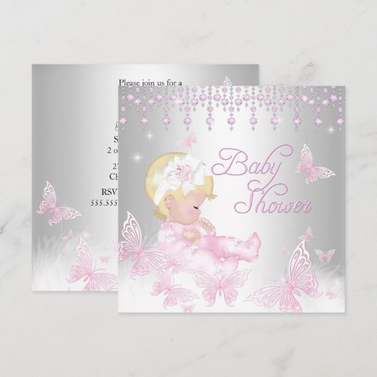 Invitation Blonde Baby shower à papillon en argent rose (Devant / Derrière)