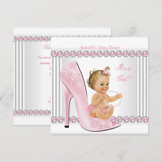Invitation Blonde Baby shower fille rose perle haute talon ch (Devant / Derrière)