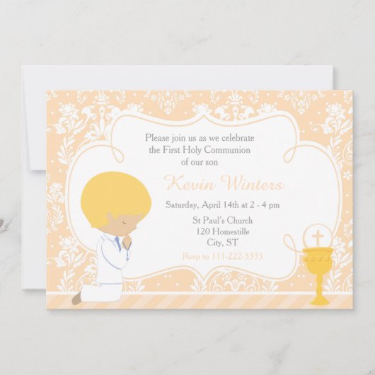 Invitation Blonde Boy Première Communion Damask (Devant)
