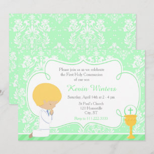 Invitation Blonde Boy Première Communion Damask