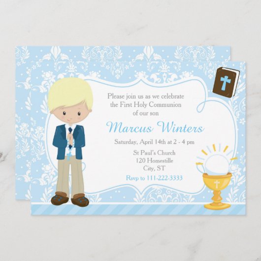 Invitation Blonde Boy Première Communion Damask (Devant / Derrière)